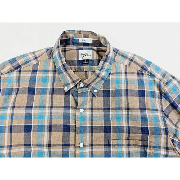 J. Crew Classic Size Large Men's Camel Blue White Check Button Down Long Sleeve - Picture 1 of 11